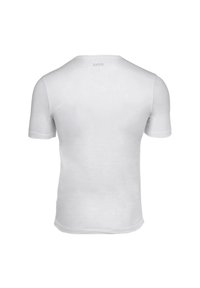 Kurzarm-weißes T-Shirt mit rundem Hals, aus Baumwolle, glatte Textur und schlichtem Design mit einem Logo am Nacken hinten.