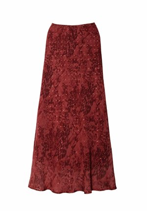 Jupe maxi de couleur rouge profond avec un motif léopard, présentant une texture lisse et une forme fluide qui s'élargit au niveau de l'ourlet.