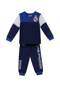 Navyblauw pyjama set met lange mouwen en witte en blauwe accenten. Inclusief een ronde kraag, logo op het stuk, en gestreepte details op de broek.