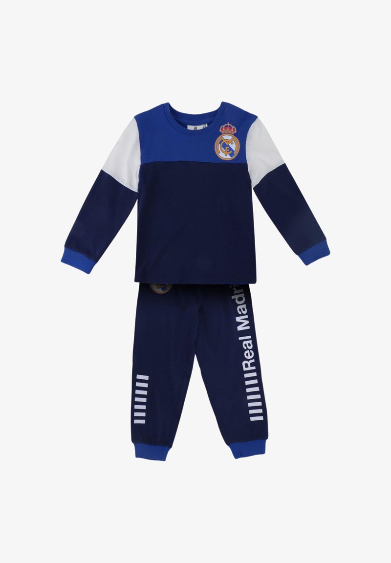 Navyblauw pyjama set met lange mouwen en witte en blauwe accenten. Inclusief een ronde kraag, logo op het stuk, en gestreepte details op de broek.