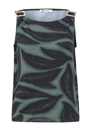 Top senza maniche verde e nero con grandi motivi a foglia e dettagli con fibbia in tartaruga sulle spalline.