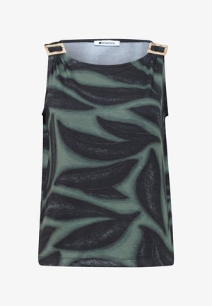 Top senza maniche verde e nero con grandi motivi a foglia e dettagli con fibbia in tartaruga sulle spalline.