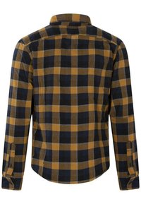 Langärmelig geruit overhemd in marineblauw en mosterdgeel, met een button-down kraag, afgeronde onderkant en knoopmanchetten. Katoenmix stof.