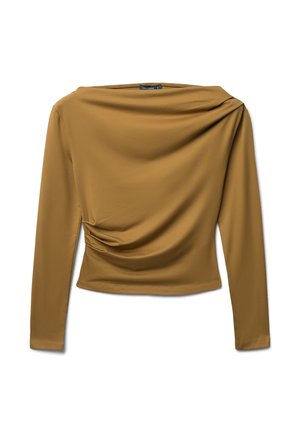 T-shirt à manches longues en jaune moutarde, avec un col drapé et un détail plissé sur le côté. Fabriqué en tissu doux et extensible.