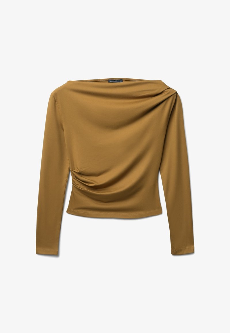 Maglia a maniche lunghe in giallo senape, con scollatura drappeggiata e dettaglio arricciato sul lato. Realizzata in tessuto morbido e elastico.