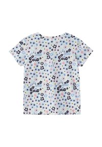 Blumen T-Shirt mit kurzen Ärmeln auf einem hellblauen Hintergrund, das ein Muster aus pinken, marineblauen und pastellfarbenen Blumen zeigt, runder Ausschnitt und weicher Stoff.