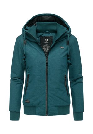 Teal hooded jacket in a soft, textured fabric, featuring a zip front, two side zip pockets, and adjustable drawstrings on the hood.