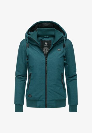 Teal hoodie van een zachte, gestructureerde stof, met een rits aan de voorkant, twee zijzakken met rits en verstelbare trekkoorden op de capuchon.