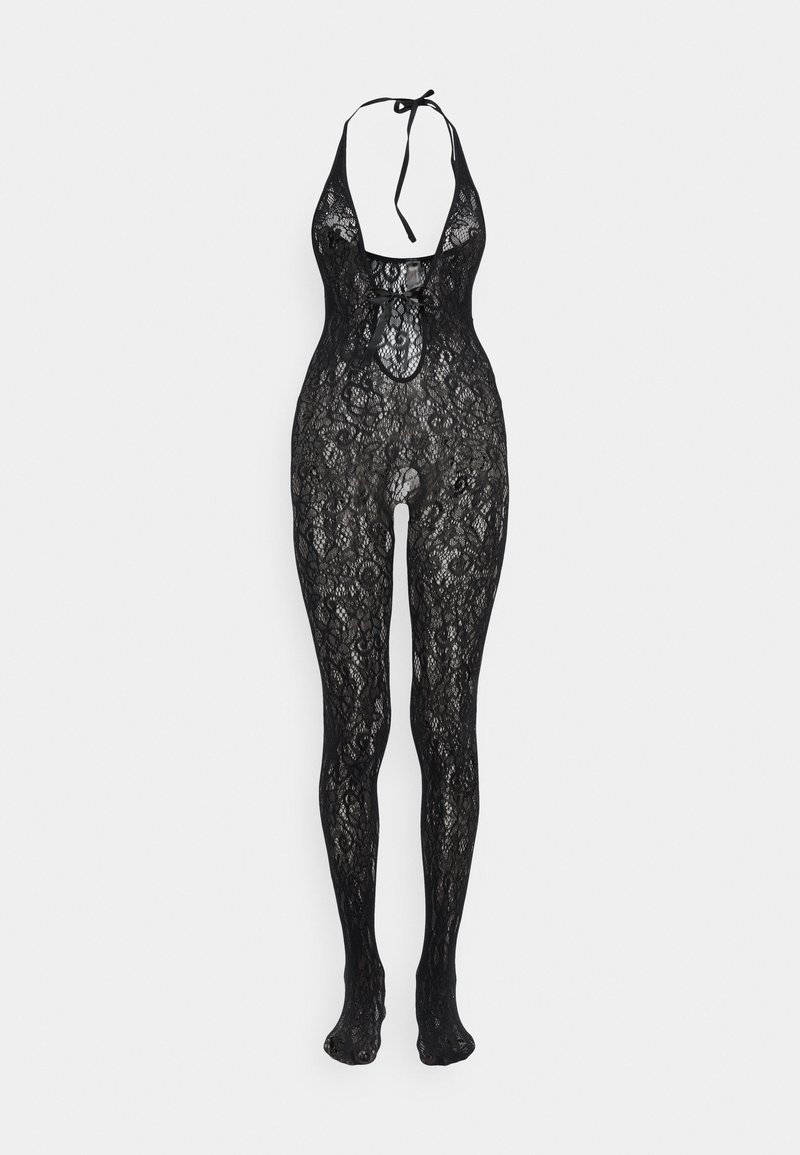 Black lace bodysuit featuring a halter neck, low back, and full-length design with intricate floral patterns and semi-transparent texture.
