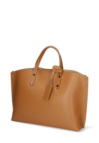 Borsa tote in pelle marrone chiaro con forma strutturata. Presenta due manici corti, chiusure a scatto in metallo e un'etichetta staccabile. Texture liscia e opaca.