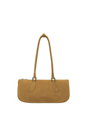 Rectangular camel suede handbag with long shoulder strap, silver zipper, and embossed "Liebeskind Berlin" logo on front center.