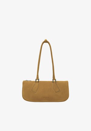 Rectangular camel suede handbag with long shoulder strap, silver zipper, and embossed "Liebeskind Berlin" logo on front center.