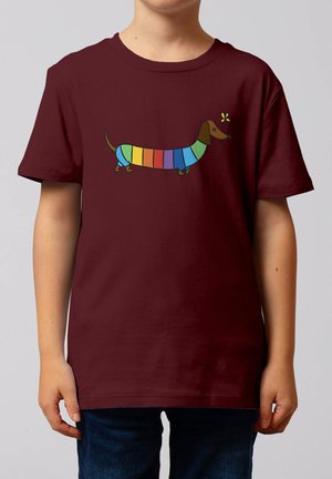 Enfant portant une chemise bordeaux avec un teckel de dessin animé aux rayures arc-en-ciel et un petit papillon jaune près de son nez.