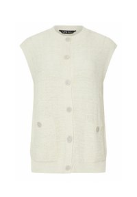 Gilet di maglia color crema con collo rotondo, maniche corte, chiusura a cinque bottoni e due tasche frontali. Tessuto testurizzato con un motivo sottile.
