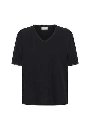 Haut noir à manches courtes avec un col en V et un tissu texturé, présentant des bords festonnés sur le col et les manches.