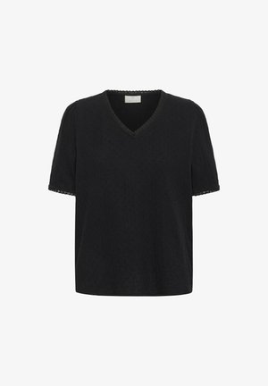 Mustapaitainen lyhythihainen paita, jossa on V-pääntie ja kohokuvioitu kangas. Paita on varustettu hapsureunoilla kaula-aukossa ja hihoissa.