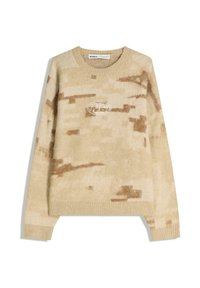 Beženi pulover s teksturiranim uzorkom kamuflaže, rebrastim manžetama i rubom, te središnjim izvezenim logom. Mekan materijal s opuštenim krojem.