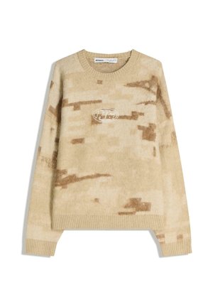Beige Pullover mit einem strukturierten Tarnmuster, gerippten Bündchen und Saum sowie einem zentralen gestickten Logo. Aus weichem Material mit lockerer Passform.