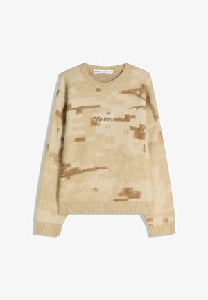 Beige svetr s texturovaným maskáčovým vzorem, žebrovanými manžetami a lemem a vyšívaným centrálním logem. Měkký materiál s volným střihem.