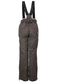 Pantalons de neige marron avec bretelles noires ajustables, ceinture élastique et deux poches arrière. Fabriqués avec un tissu texturé pour plus de durabilité.