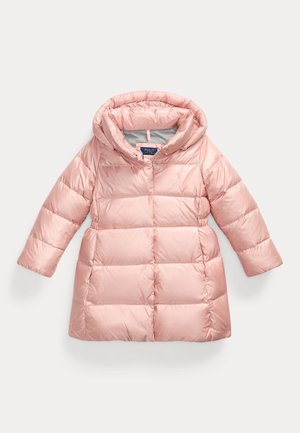 Rosa Puffermantel mit Kapuze, aus glänzendem Material. Verfügt über gesteppten Abschnitte, lange Ärmel und einen Druckknopfverschluss auf der Vorderseite. Enthält Logodetails.