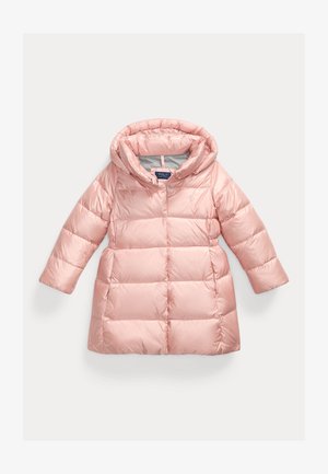 Rosa Puffermantel mit Kapuze, aus glänzendem Material. Verfügt über gesteppten Abschnitte, lange Ärmel und einen Druckknopfverschluss auf der Vorderseite. Enthält Logodetails.