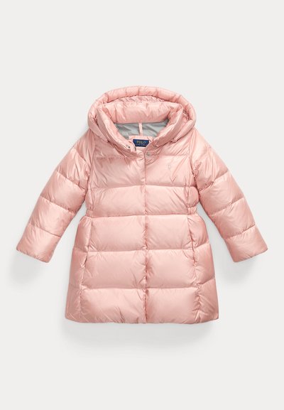 Pink puffer coat with a hood, made from shiny material. Features quilted sections, long sleeves, and front snap closure. Includes logo detail.