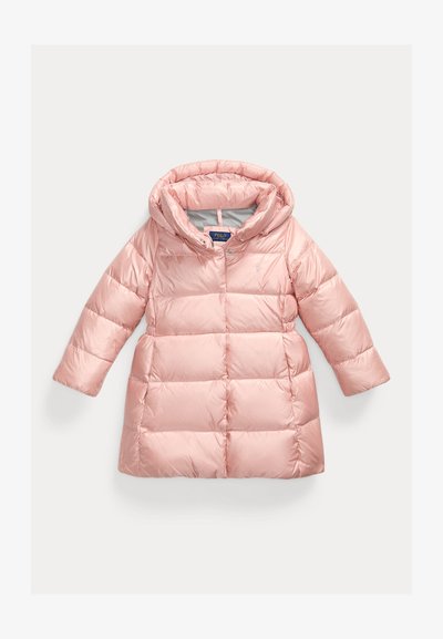 Rosa Puffermantel mit Kapuze, aus glänzendem Material. Verfügt über gesteppten Abschnitte, lange Ärmel und einen Druckknopfverschluss auf der Vorderseite. Enthält Logodetails.