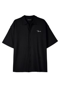 Black short-sleeve button-up shirt made of textured fabric with a relaxed fit and a small, white logo on the left side.