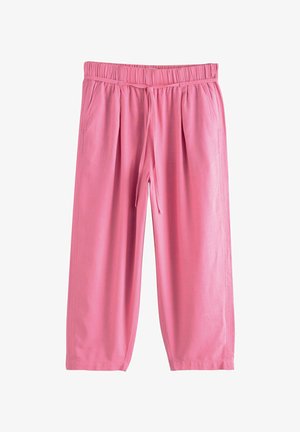 Pantaloni rosa a vestibilità rilassata realizzati in tessuto leggero, dotati di vita elastica, coulisse e due tasche laterali. Texture liscia e senza fantasie.