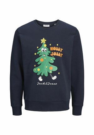 Marineblaue Sweatshirt mit einem Cartoon-Weihnachtsbaum-Design, das einen Stern, orangefarbene Akzente und den Text "HOLLY JOLLY" in fetter Schrift zeigt.