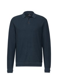Marineblaues Langarm-Polohemd aus strukturiertem Stoff, mit Kragen, Dreiknopf-Leiste und gerippten Bündchen und Saum.