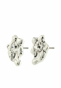 Boucles d'oreilles en argent texturé mettant en avant une pierre précieuse transparente centrale entourée d'un design organique ondulé avec une finition polie.