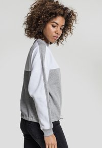 Grau-weißer Farbblock-Sweatshirt mit langen Ärmeln, Rundhalsausschnitt und weicher Textur. Verfügt über einen lockeren Schnitt und gerippte Bündchen.