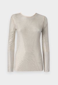 Langermet topp laget av metallisk mesh med rund hals, i en glitrende sølvfarge og en tettsittende silhuett.
