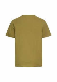 Olijfgroene katoenen t-shirt met een ronde hals, korte mouwen en een eenvoudige, gladde textuur. Geen zichtbare patronen of ontwerpen.