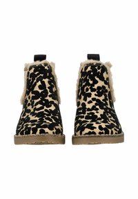 Stivali alla caviglia con stampa leopardata, colletto in pelliccia sintetica beige, motivi neri textured e suola in gomma piatta. Presentano un passante sul retro.