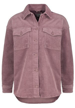 Chemise en velours côtelé à manches longues, rose poussiére, avec deux poches poitrine à rabat et un col.