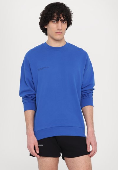 Felpa blu con collo a giro, vestibilità oversize e maniche a polsino. Presenta un piccolo dettaglio grafico in colore contrastante sul davanti.