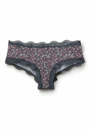 Sous-vêtements hipster pour femmes avec motif floral rose et blanc, bordés de dentelle gris foncé à la taille et aux ouvertures des jambes.