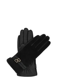 Svarta läderhandskar med en slät finish, ett dekorativt band med guldfärgade spännen och en tät passform vid handleden.