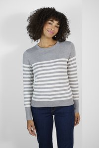 Pull rayé gris et crème à manches longues et col rond, fabriqué à partir d'un tissu doux, présentant une silhouette ajustée et des poignets côtelés.