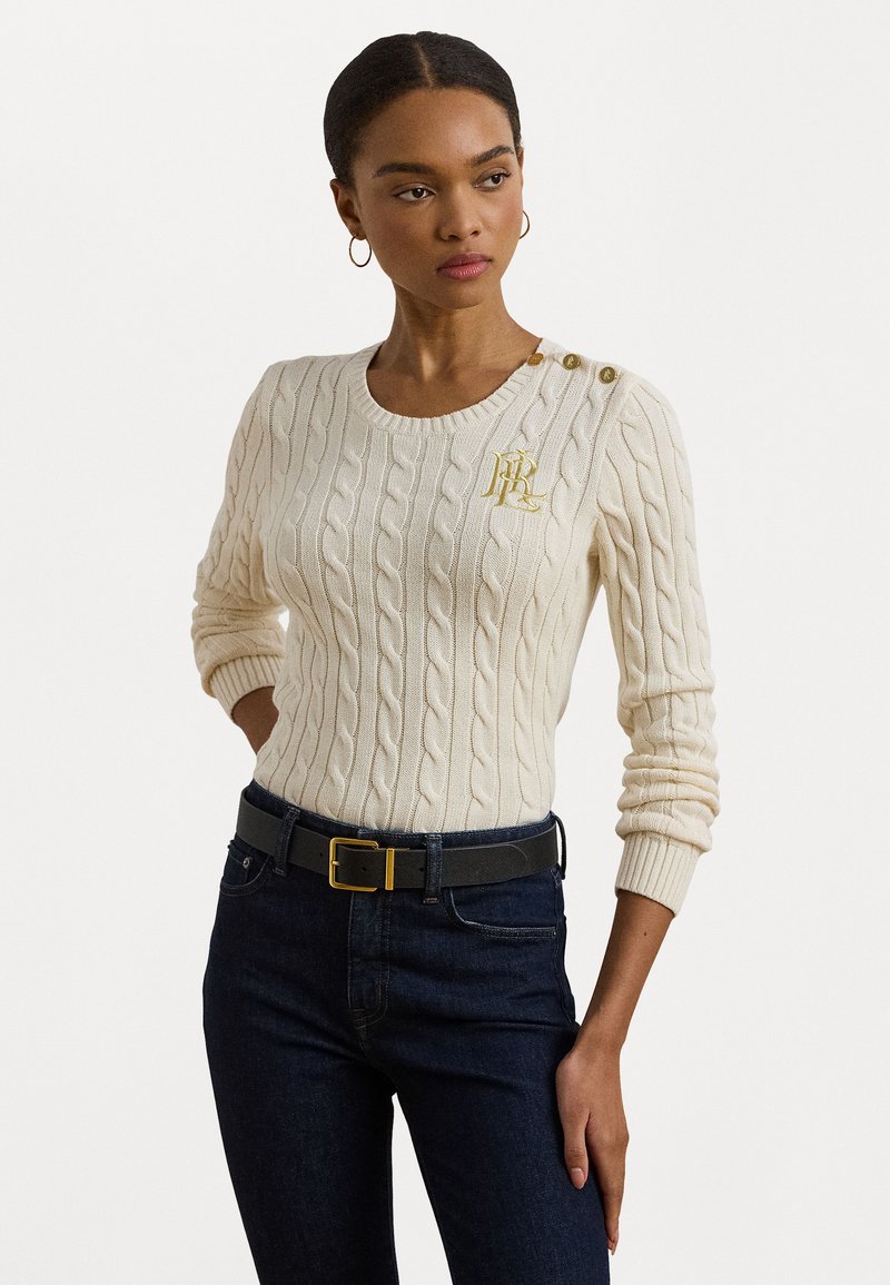 Lauren Ralph Lauren - BUTTON TRIM CABLE KNIT COTTON JUMPER - Jumper - mascarpone cream, Enlarge