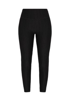Zwarte leggings met een textuurpatroon en een hoge taille. Gemaakt van rekbaar materiaal voor comfort en een aansluitend ontwerp, geschikt voor sportkleding.