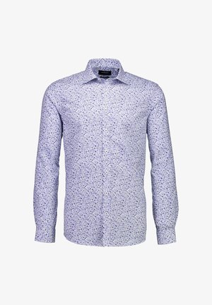 Langarmshirt van lichtgewicht stof, met een klein bloemenpatroon in paarstinten op een witte achtergrond, voorzien van knopen aan de voorkant en een kraag.