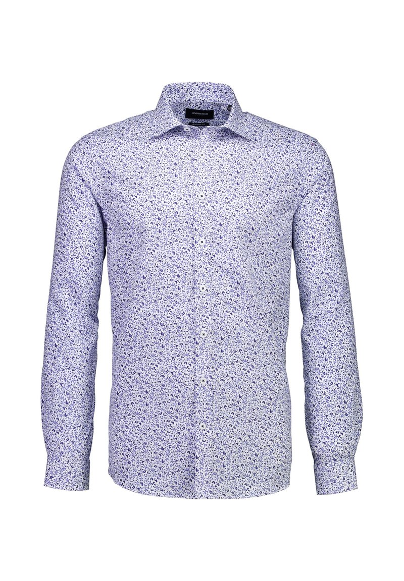 Langarmshirt van lichtgewicht stof, met een klein bloemenpatroon in paarstinten op een witte achtergrond, voorzien van knopen aan de voorkant en een kraag.