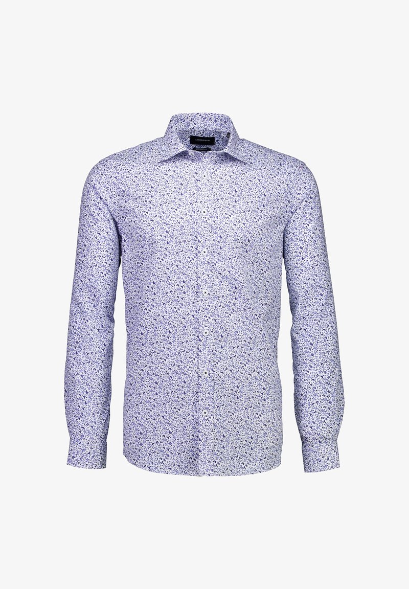 Langarmshirt van lichtgewicht stof, met een klein bloemenpatroon in paarstinten op een witte achtergrond, voorzien van knopen aan de voorkant en een kraag.