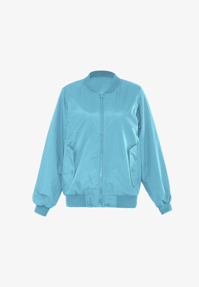 Lichtblauwe bomberjack met een ritssluiting aan de voorkant, ribgebreide kraag en manchetten, twee zijzakken, soepel nylon materiaal en een licht glanzende afwerking.