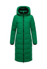 Zaļš polsterēts garais svārsts ar melnu kapuci un piedurknēm, priekšējā rāvējslēdzēja aizdare, ar quilted dizainu un sānu kabatām.