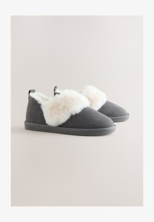 Pantofole grigie con un morbido risvolto in pelliccia sintetica bianca. Presentano una punta arrotondata, suola piatta e un'asola sul retro per un facile indossamento.